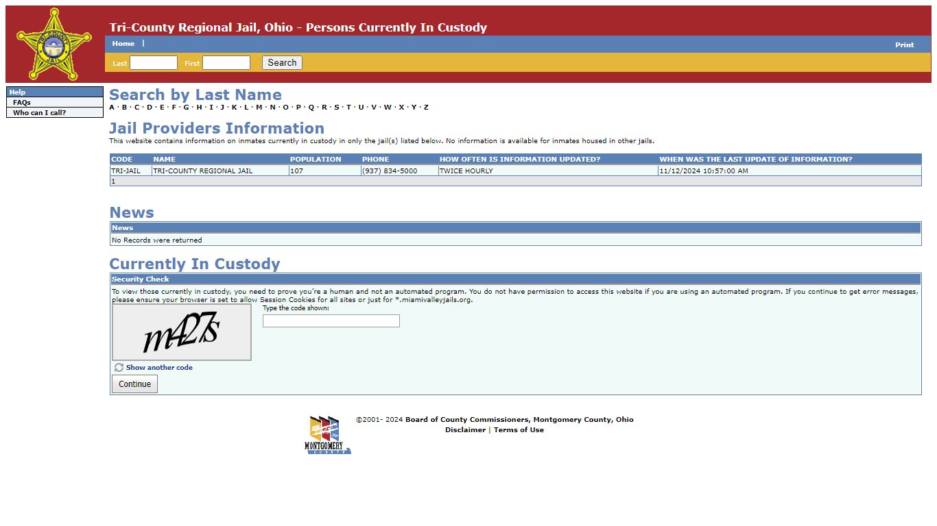 Tri-County Regional Jail, Ohio - Persons Currently In Custody